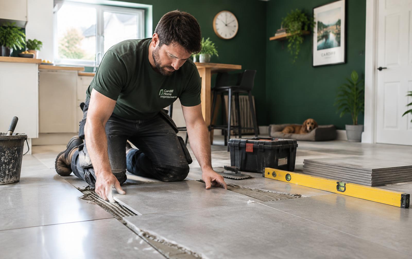 The Handy Pro laying floor tiles in a Cardiff kitchen